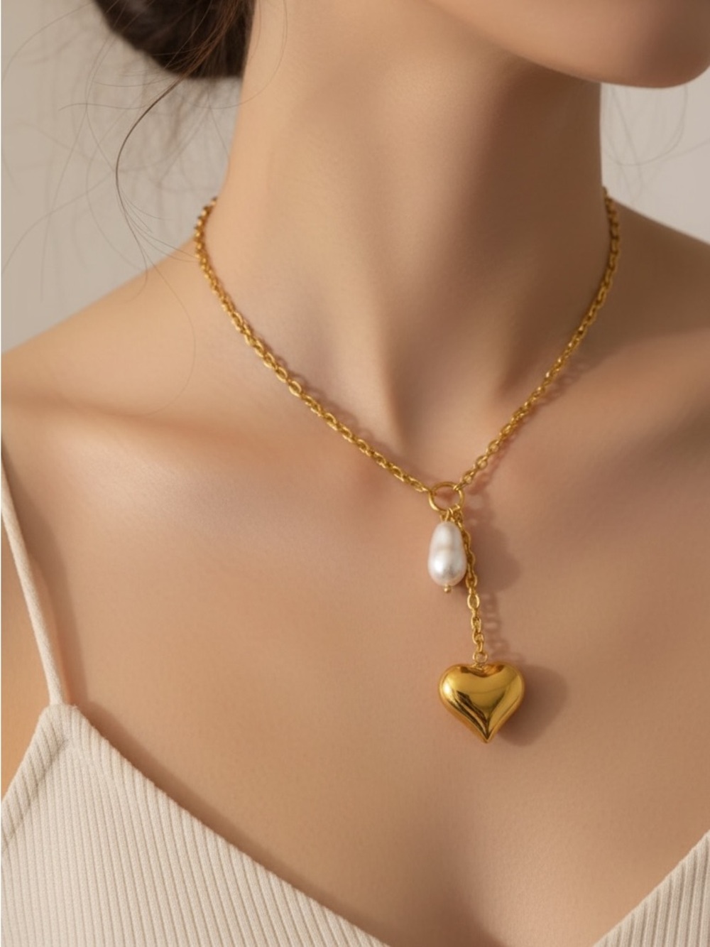 18k Gold Plated Romantic 3D Bubble Heart & Freshwater Pearl Y Necklace. New.